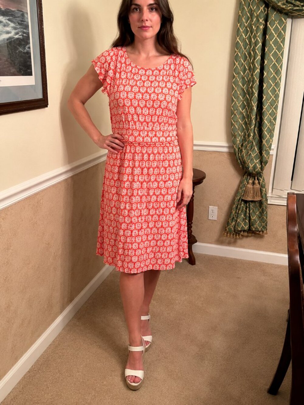 Croft & Barrow Bright Coral & White Stretch Midi Dress | Medium